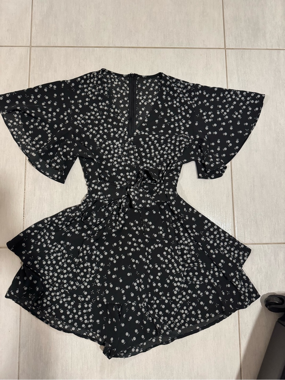 Black Polka Dot Tie-Waist Flutter Romper